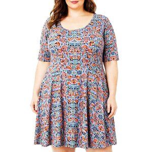 Lularoe Nicole Blue Orange Floral Print Short Sleeve Scoop Neck Dress Womens 3XL